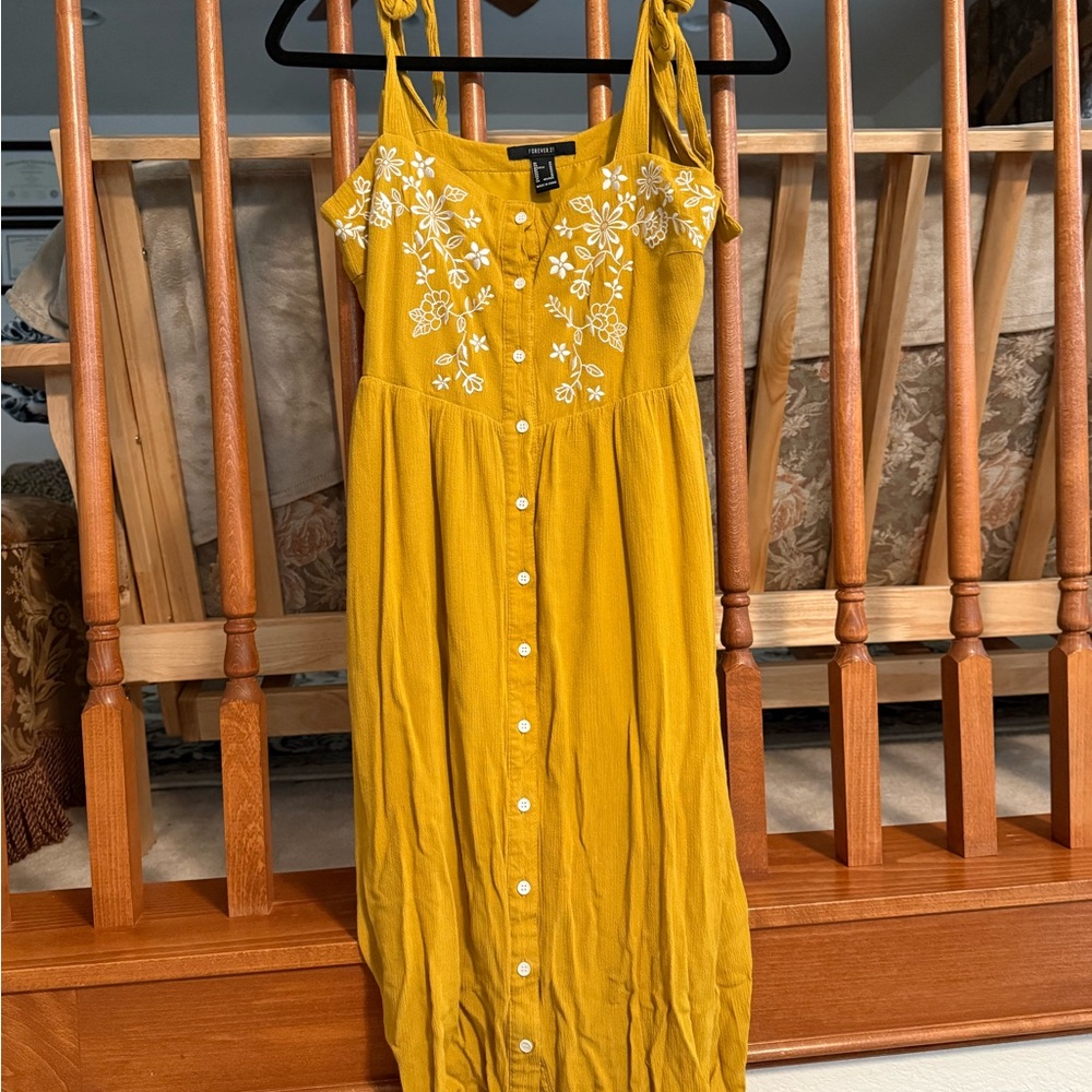 Forever 21 Mustard Floral Button-Front Midi Dress